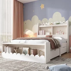 ModernLuxe Lit simple en bois 90x190cm - avec 2 tiroirs et étagères - Blanc (matelas non inclus)* Lit Simple