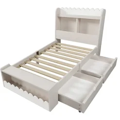 ModernLuxe Lit simple en bois 90x190cm - avec 2 tiroirs et étagères - Blanc (matelas non inclus)* Lit Simple