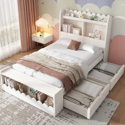 ModernLuxe Lit simple en bois 90x190cm - avec 2 tiroirs et étagères - Blanc (matelas non inclus)* Lit Simple