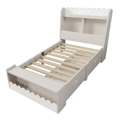 ModernLuxe Lit simple en bois 90x190cm - avec 2 tiroirs et étagères - Blanc (matelas non inclus)* Lit Simple