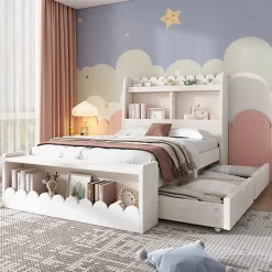 ModernLuxe Lit simple en bois 90x190cm - avec 2 tiroirs et étagères - Blanc (matelas non inclus)* Lit Simple
