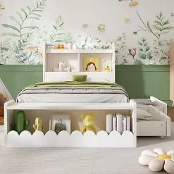 ModernLuxe Lit simple en bois 90x190cm - avec 2 tiroirs et étagères - Blanc (matelas non inclus)* Lit Simple
