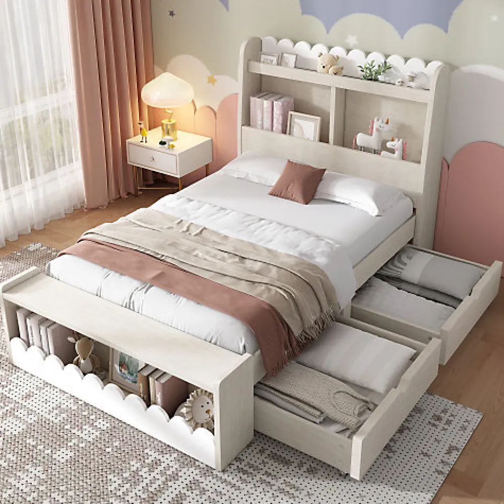 Lit simple en bois 90x200cm - avec 2 tiroirs et étagères - Blanc (matelas non inclus)>ModernLuxe New