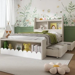 Lit simple en bois 90x200cm - avec 2 tiroirs et étagères - Blanc (matelas non inclus)>ModernLuxe New