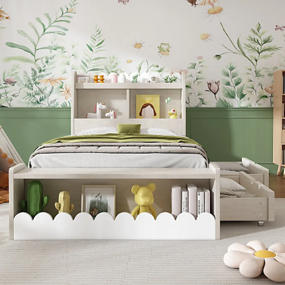 Lit simple en bois 90x200cm - avec 2 tiroirs et étagères - Blanc (matelas non inclus)>ModernLuxe New