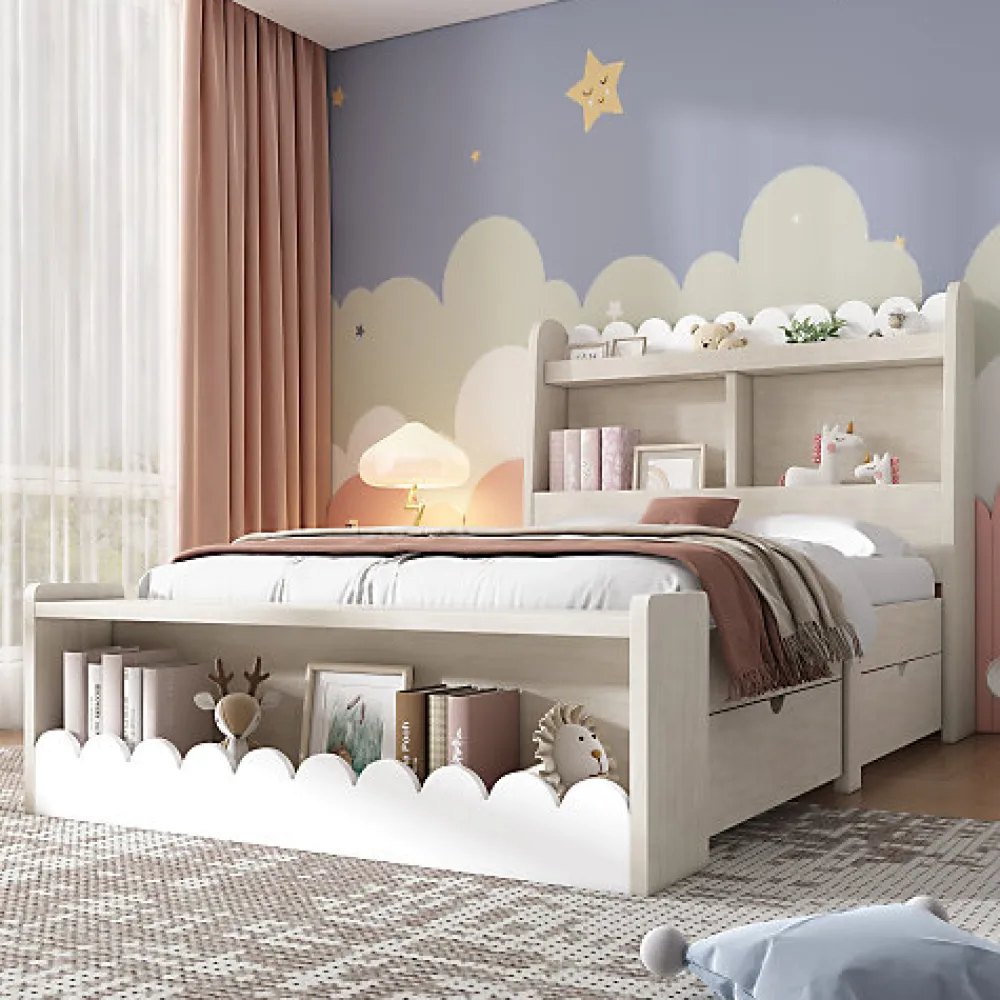 Lit simple en bois 90x200cm - avec 2 tiroirs et étagères - Blanc (matelas non inclus)>ModernLuxe New