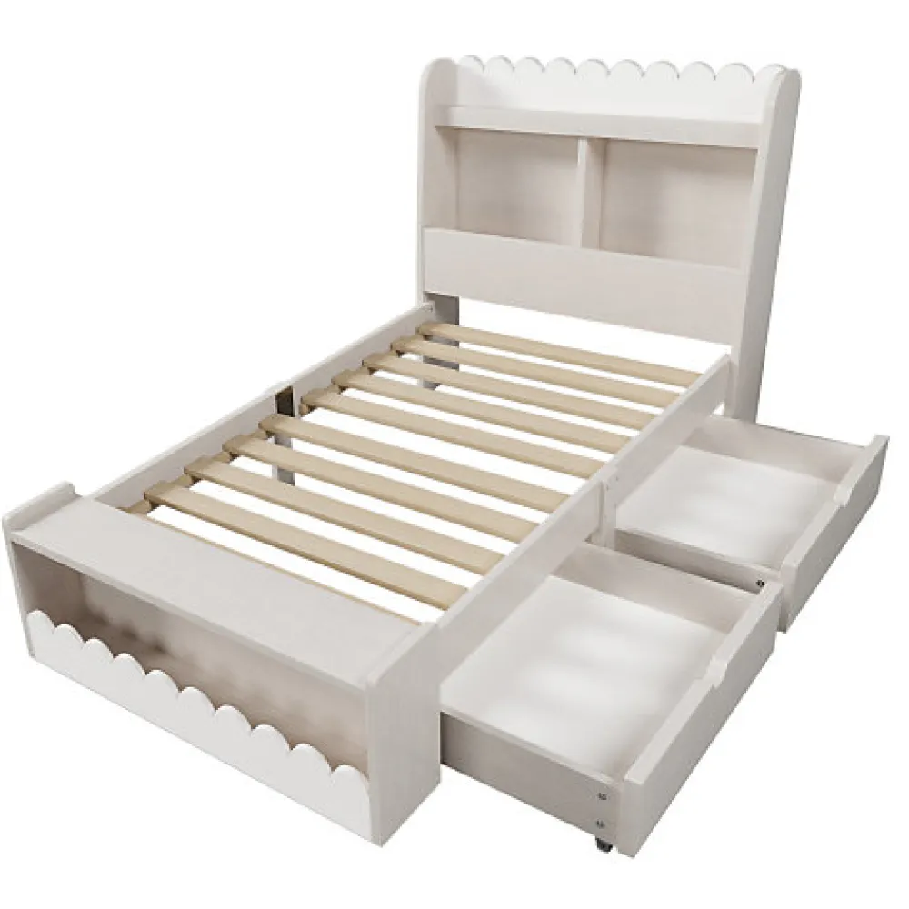 Lit simple en bois 90x200cm - avec 2 tiroirs et étagères - Blanc (matelas non inclus)>ModernLuxe New
