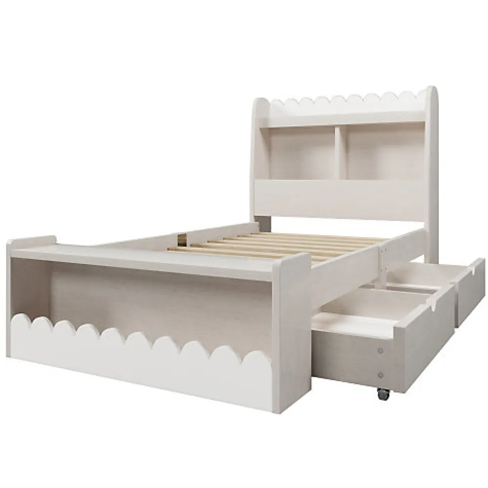 Lit simple en bois 90x200cm - avec 2 tiroirs et étagères - Blanc (matelas non inclus)>ModernLuxe New