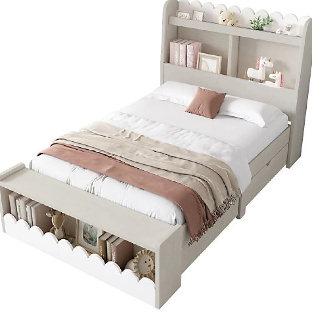 Lit simple en bois 90x200cm - avec 2 tiroirs et étagères - Blanc (matelas non inclus)>ModernLuxe New