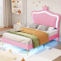 Lit simple enfant 90x200 cm - Lit capitonné avec LED en forme de couronne pour fille - Cuir synthétique - Sans matelas - Rose>Okwish Best