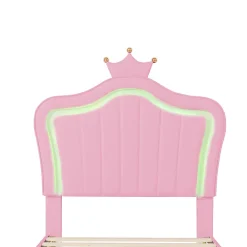 Lit simple enfant 90x200 cm - Lit capitonné avec LED en forme de couronne pour fille - Cuir synthétique - Sans matelas - Rose><noscript><img width=