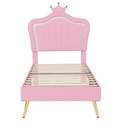 Lit simple enfant 90x200 cm - Lit capitonné avec LED en forme de couronne pour fille - Cuir synthétique - Sans matelas - Rose><noscript><img width=