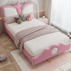 Lit Simple Enfant 90x200 cm, Tête de Lit Forme Couronne et Bordures Anti-Chocs, PU Mousse Contreplaqué, Sans Matelas, Rose/Blanc>Okwish