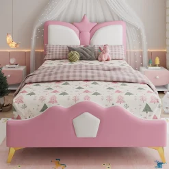 Lit Simple Enfant 90x200 cm, Tête de Lit Forme Couronne et Bordures Anti-Chocs, PU Mousse Contreplaqué, Sans Matelas, Rose/Blanc><noscript><img width=
