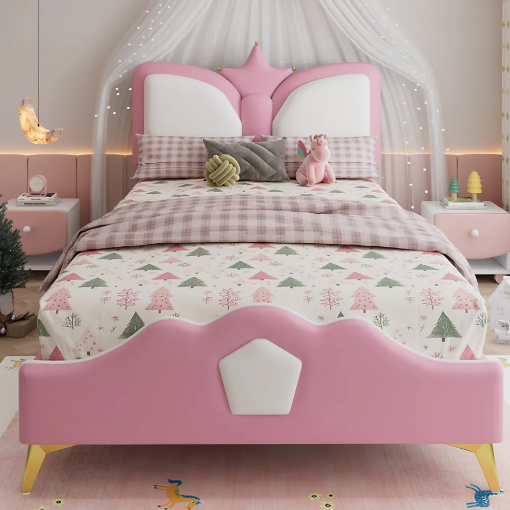 Lit Simple Enfant 90x200 cm, Tête de Lit Forme Couronne et Bordures Anti-Chocs, PU Mousse Contreplaqué, Sans Matelas, Rose/Blanc>Okwish