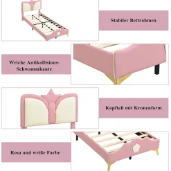Lit Simple Enfant 90x200 cm, Tête de Lit Forme Couronne et Bordures Anti-Chocs, PU Mousse Contreplaqué, Sans Matelas, Rose/Blanc><noscript><img width=