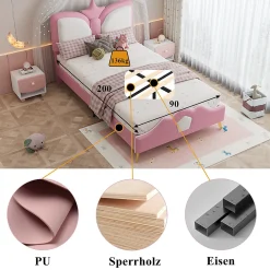 Lit Simple Enfant 90x200 cm, Tête de Lit Forme Couronne et Bordures Anti-Chocs, PU Mousse Contreplaqué, Sans Matelas, Rose/Blanc><noscript><img width=