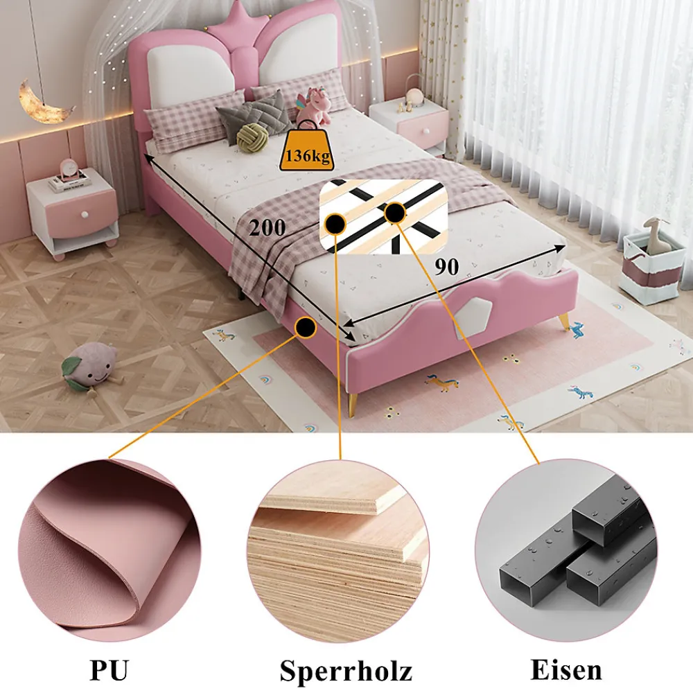 Lit Simple Enfant 90x200 cm, Tête de Lit Forme Couronne et Bordures Anti-Chocs, PU Mousse Contreplaqué, Sans Matelas, Rose/Blanc>Okwish
