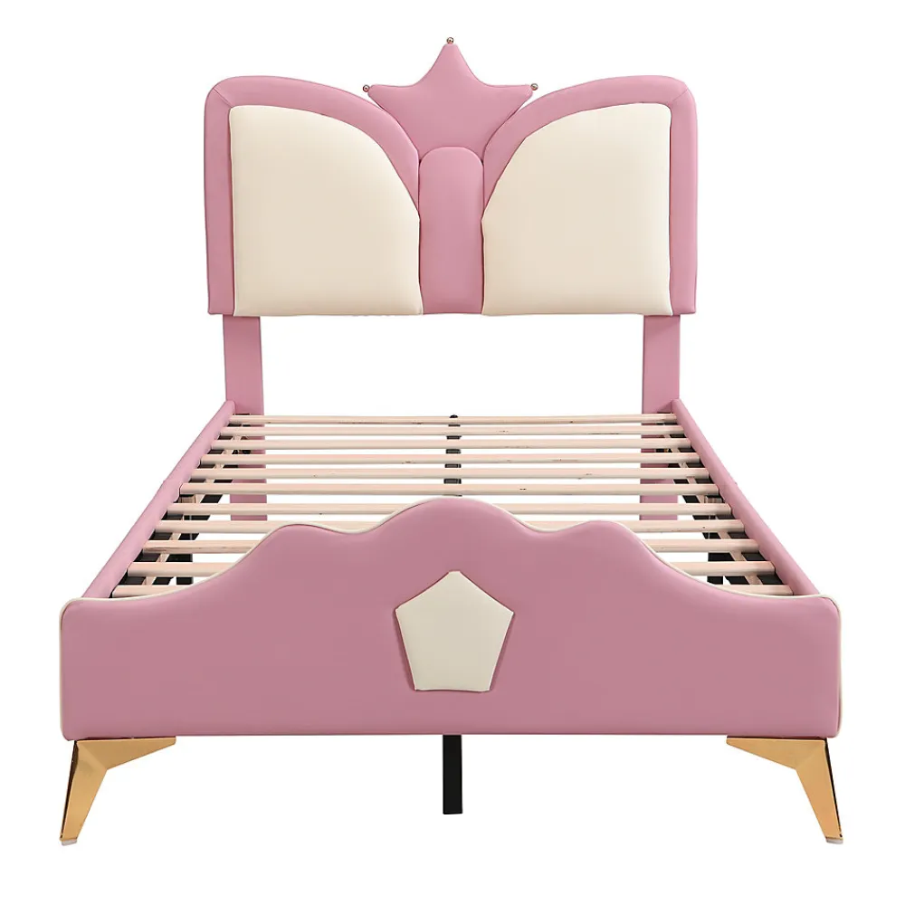 Lit Simple Enfant 90x200 cm, Tête de Lit Forme Couronne et Bordures Anti-Chocs, PU Mousse Contreplaqué, Sans Matelas, Rose/Blanc>Okwish