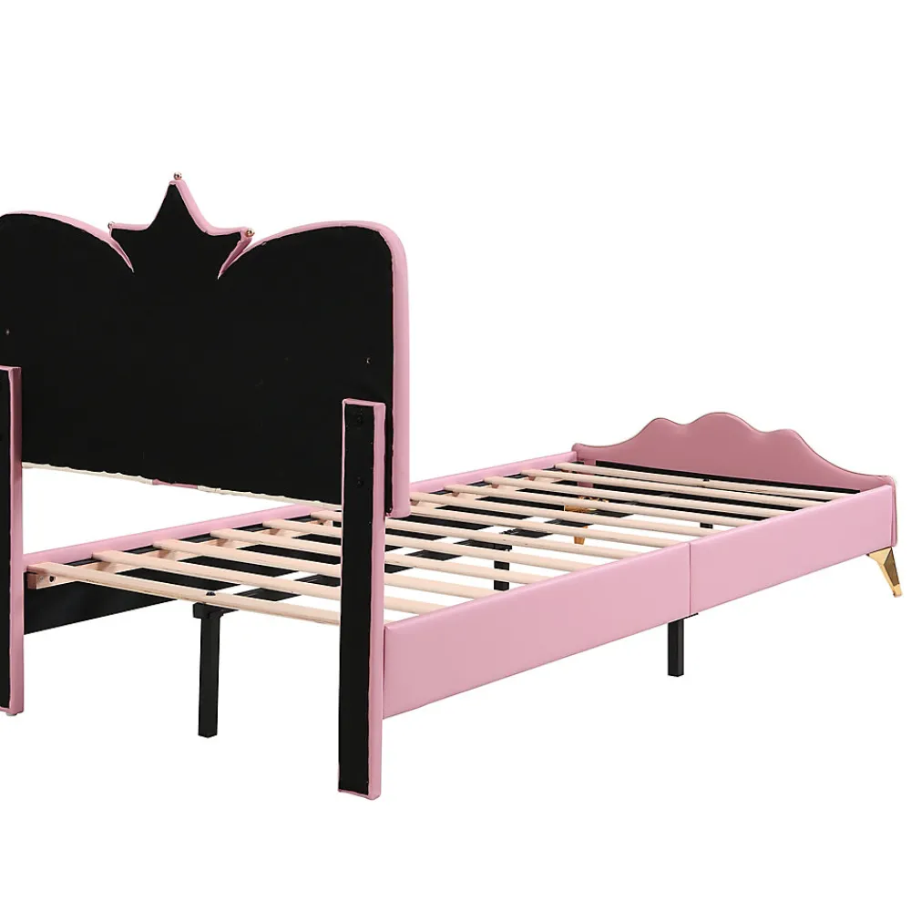 Lit Simple Enfant 90x200 cm, Tête de Lit Forme Couronne et Bordures Anti-Chocs, PU Mousse Contreplaqué, Sans Matelas, Rose/Blanc>Okwish