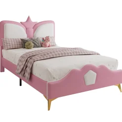 Lit Simple Enfant 90x200 cm, Tête de Lit Forme Couronne et Bordures Anti-Chocs, PU Mousse Contreplaqué, Sans Matelas, Rose/Blanc><noscript><img width=