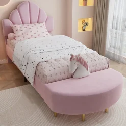 Lit Simple Enfant 90x200 cm, Tête de Lit Velours, Banc de Bout de Lit, Mousse Anti-Chocs, Contreplaqué, Sans Matelas, Rose>Okwish Online