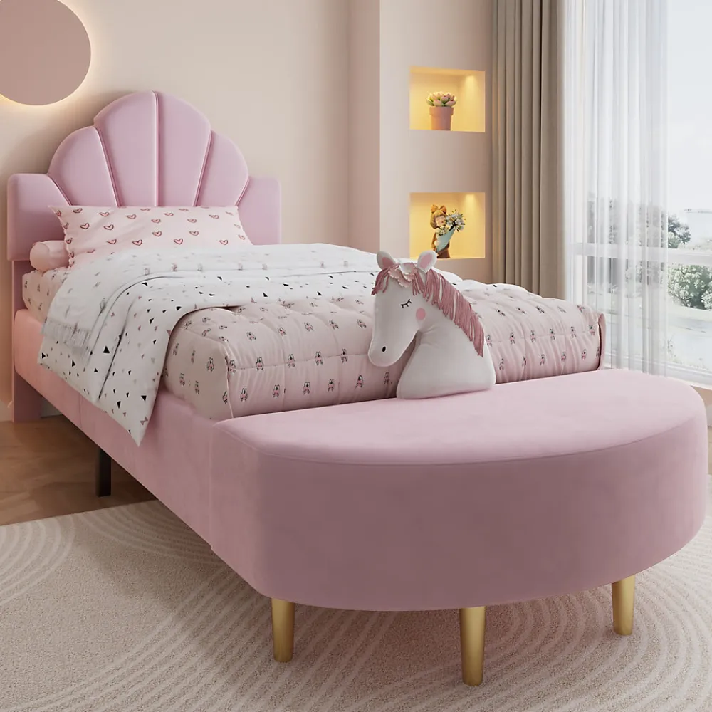 Lit Simple Enfant 90x200 cm, Tête de Lit Velours, Banc de Bout de Lit, Mousse Anti-Chocs, Contreplaqué, Sans Matelas, Rose>Okwish Online