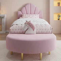 Lit Simple Enfant 90x200 cm, Tête de Lit Velours, Banc de Bout de Lit, Mousse Anti-Chocs, Contreplaqué, Sans Matelas, Rose><noscript><img width=