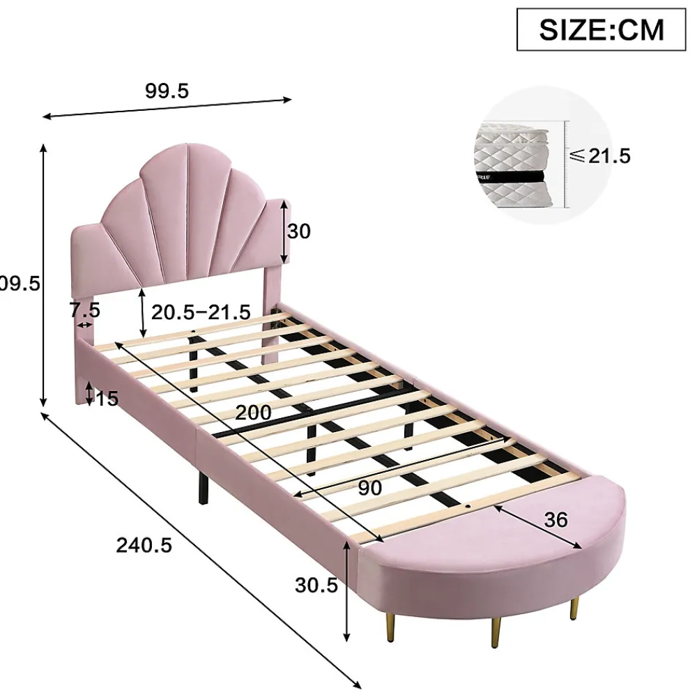 Lit Simple Enfant 90x200 cm, Tête de Lit Velours, Banc de Bout de Lit, Mousse Anti-Chocs, Contreplaqué, Sans Matelas, Rose>Okwish Online