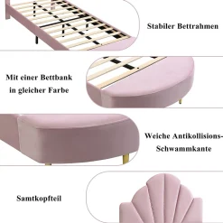 Lit Simple Enfant 90x200 cm, Tête de Lit Velours, Banc de Bout de Lit, Mousse Anti-Chocs, Contreplaqué, Sans Matelas, Rose><noscript><img width=