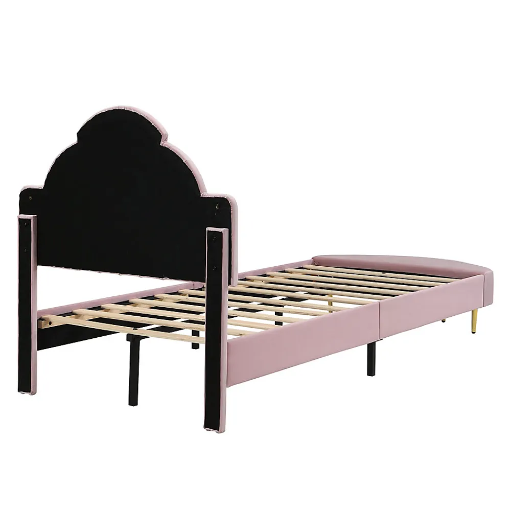 Lit Simple Enfant 90x200 cm, Tête de Lit Velours, Banc de Bout de Lit, Mousse Anti-Chocs, Contreplaqué, Sans Matelas, Rose>Okwish Online