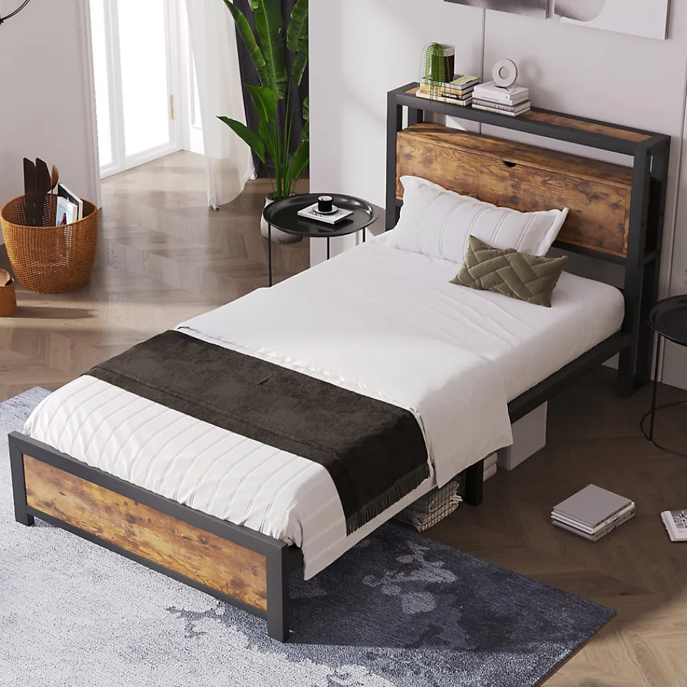 Lit simple industriel avec tête de lit rangement bois noyer 90x200cm>Urban Meuble Best