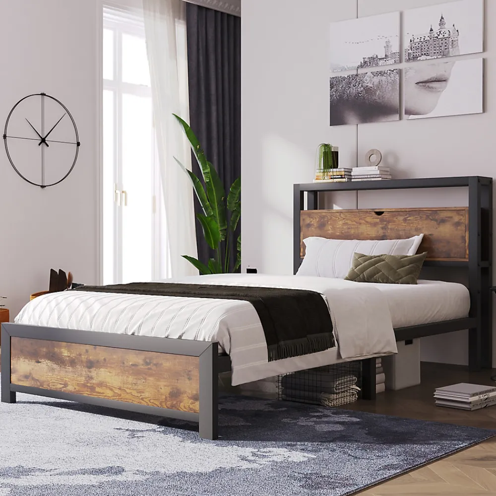 Lit simple industriel avec tête de lit rangement bois noyer 90x200cm>Urban Meuble Best
