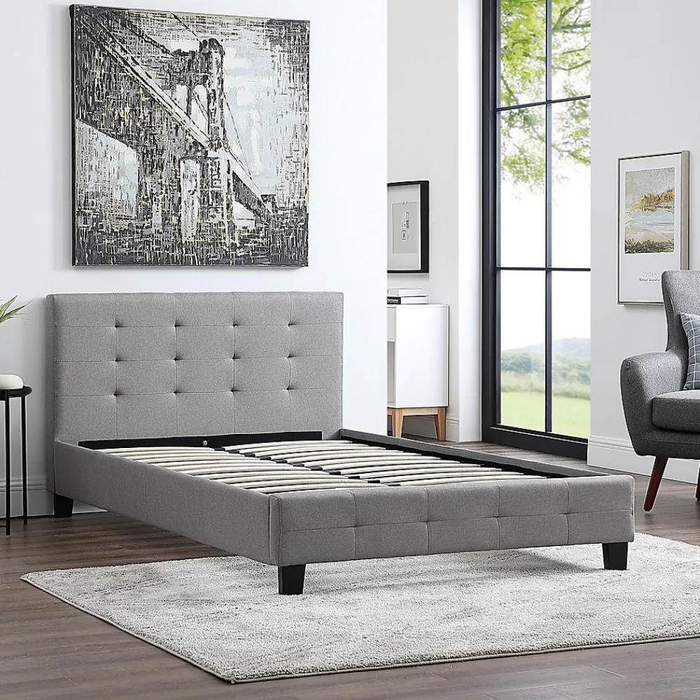 Idimex Lit simple MARLON, 120 x 190 cm, capitonné avec sommier, revêtement en tissu gris* Lit Simple