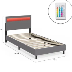 IDMarket Lit simple NEO avec tête de lit LED intégrées et sommier 90 x 190 cm PVC gris* Lit Avec Rangement