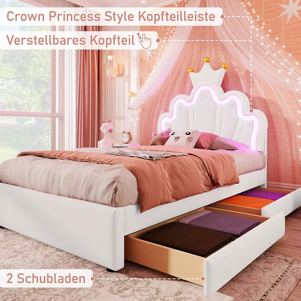 Okwish Lit Simple pour enfant 90 x 200 cm - Lit avec 2 Rangements - PU + MDF - Sans Matelas - Blanc* Lit Avec Rangement