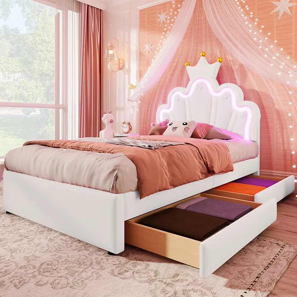 Okwish Lit Simple pour enfant 90 x 200 cm - Lit avec 2 Rangements - PU + MDF - Sans Matelas - Blanc* Lit Avec Rangement