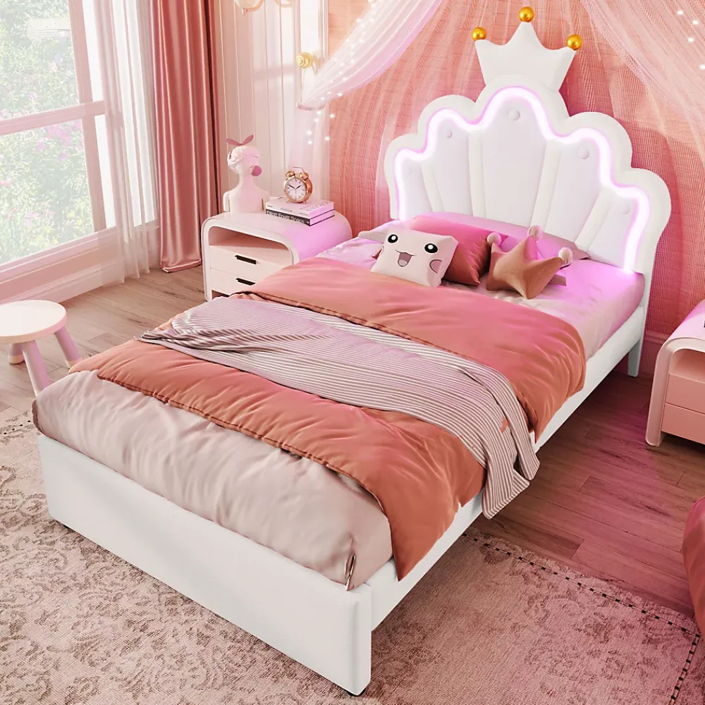 Okwish Lit Simple pour enfant 90 x 200 cm - Lit avec 2 Rangements - PU + MDF - Sans Matelas - Blanc* Lit Avec Rangement
