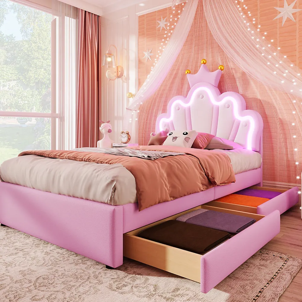 Lit Simple pour enfant 90 x 200 cm - Lit avec 2 Rangements - PU + MDF - Sans Matelas - Rose>Okwish Discount