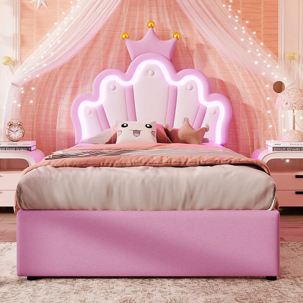 Lit Simple pour enfant 90 x 200 cm - Lit avec 2 Rangements - PU + MDF - Sans Matelas - Rose>Okwish Discount