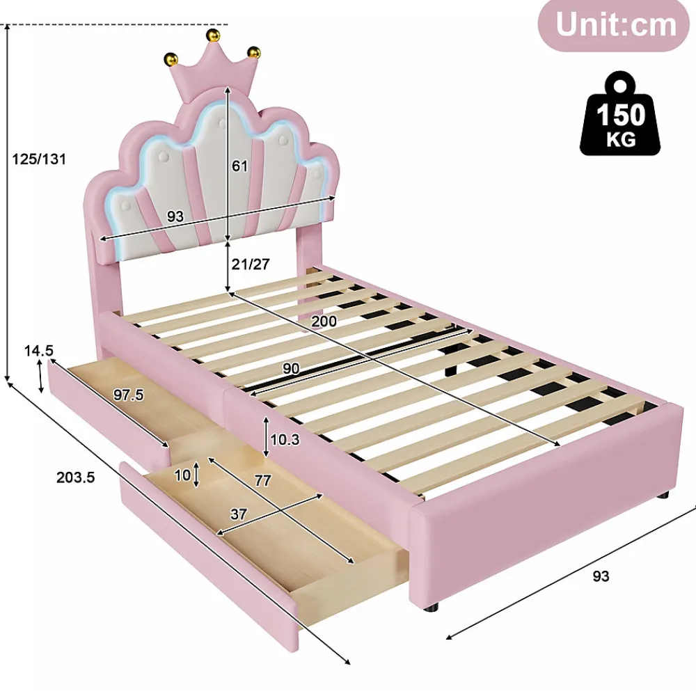 Lit Simple pour enfant 90 x 200 cm - Lit avec 2 Rangements - PU + MDF - Sans Matelas - Rose>Okwish Discount