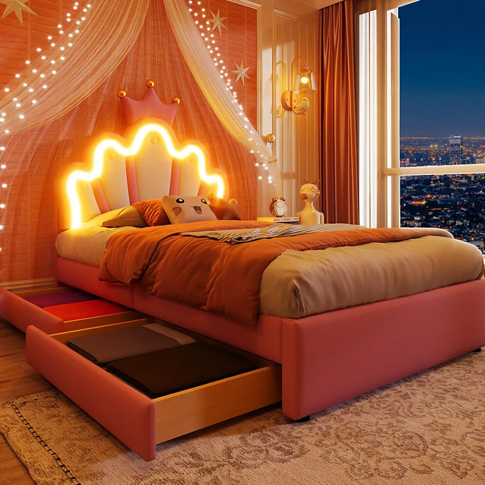 Lit Simple pour enfant 90 x 200 cm - Lit avec 2 Rangements - PU + MDF - Sans Matelas - Rose>Okwish Discount