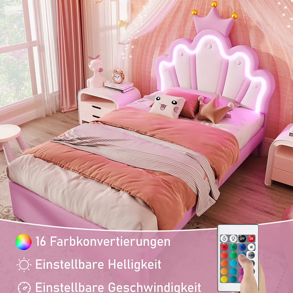 Lit Simple pour enfant 90 x 200 cm - Lit avec 2 Rangements - PU + MDF - Sans Matelas - Rose>Okwish Discount