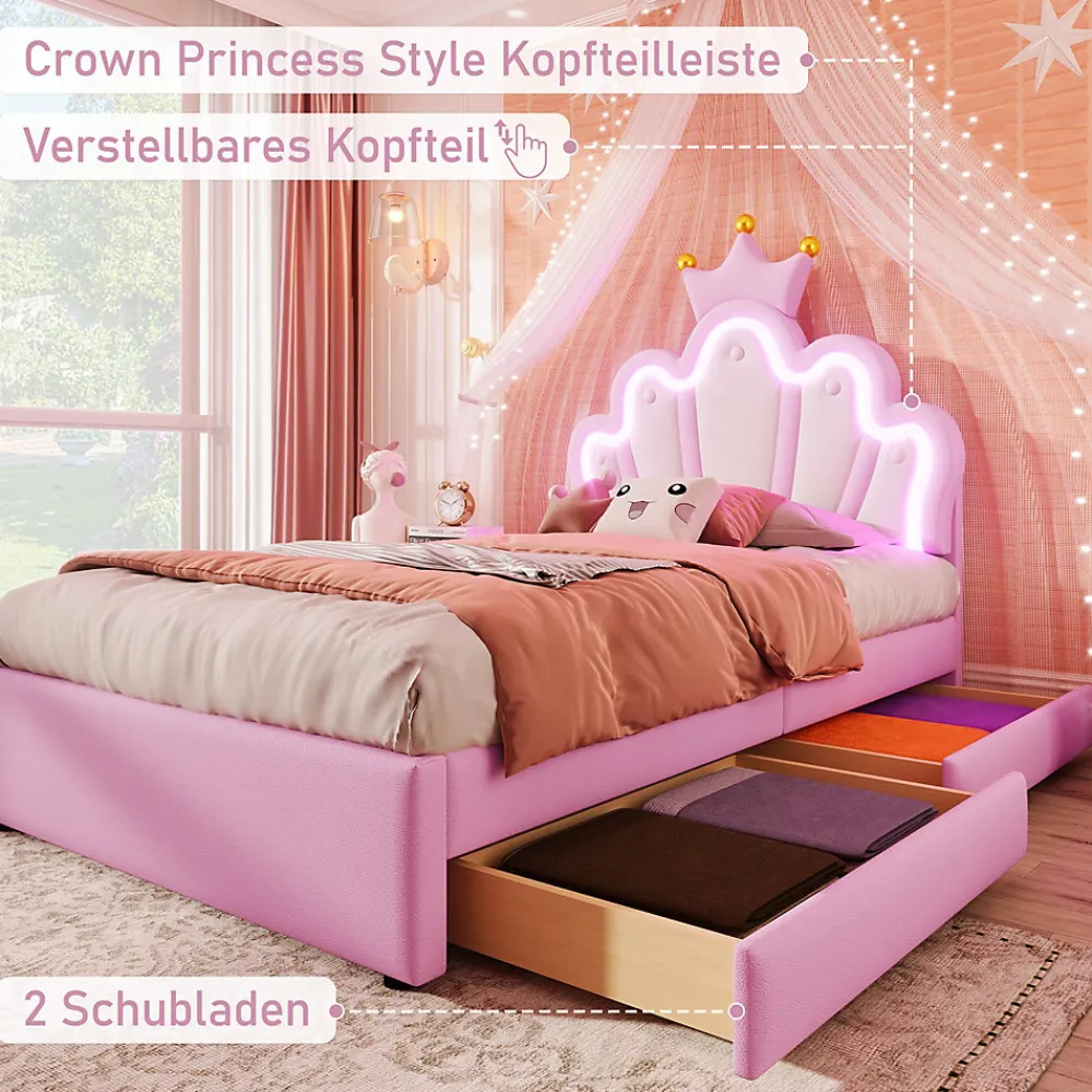 Lit Simple pour enfant 90 x 200 cm - Lit avec 2 Rangements - PU + MDF - Sans Matelas - Rose>Okwish Discount