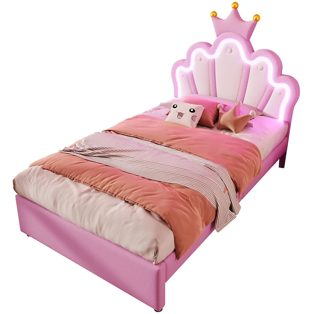 Lit Simple pour enfant 90 x 200 cm - Lit avec 2 Rangements - PU + MDF - Sans Matelas - Rose>Okwish Discount