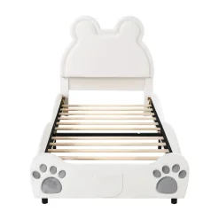Okwish Lit simple pour enfant 90x200 cm - Lit capitonné en forme d'ours - Velours + Métal + MDF - Sans matelas - Blanc*Enfant Lit Enfant