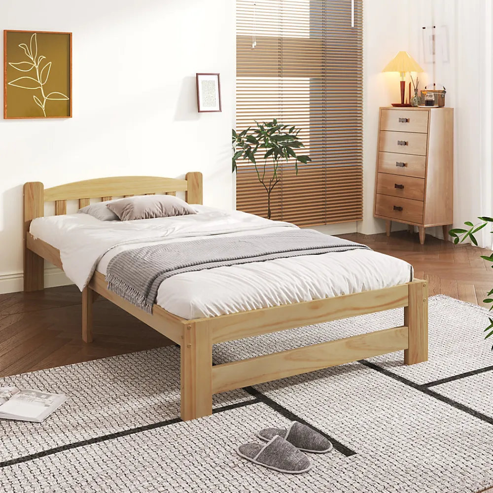 Lit simple pour enfant 90x200 cm - Lit classique avec tête de lit et sommier à lattes - Pin - Sans matelas - Naturel>Okwish Outlet