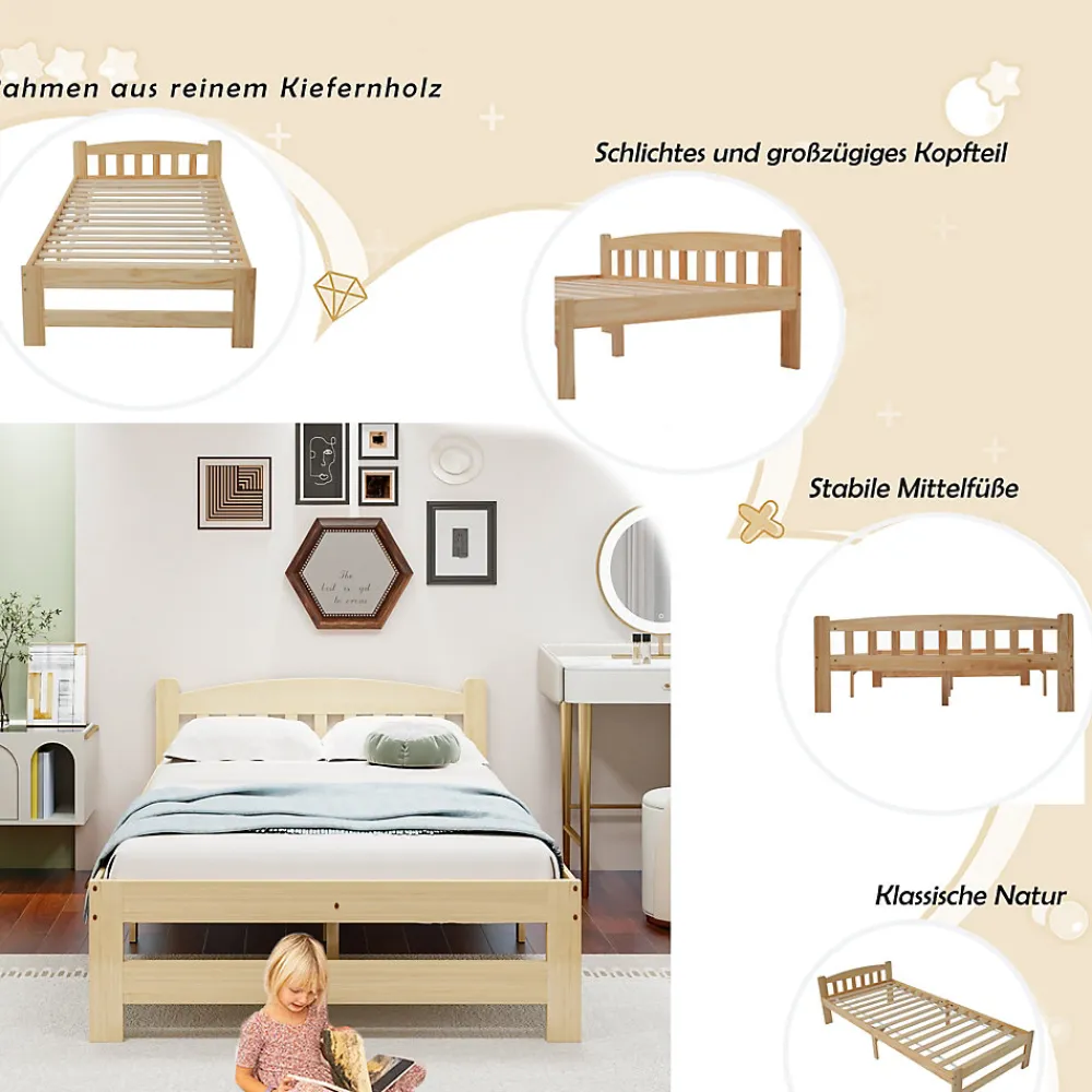 Lit simple pour enfant 90x200 cm - Lit classique avec tête de lit et sommier à lattes - Pin - Sans matelas - Naturel>Okwish Outlet