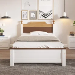 Lit simple pour enfant 90x200 cm - Lit avec tête et pied de lit - Pin + MDF - Sans matelas - Blanc><noscript><img width=