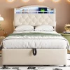 Redom Lit simple rembourré 90 sur 200 en velours avec LED port USB et rangement multifonctionnel couleur beige* Lit Avec Rangement